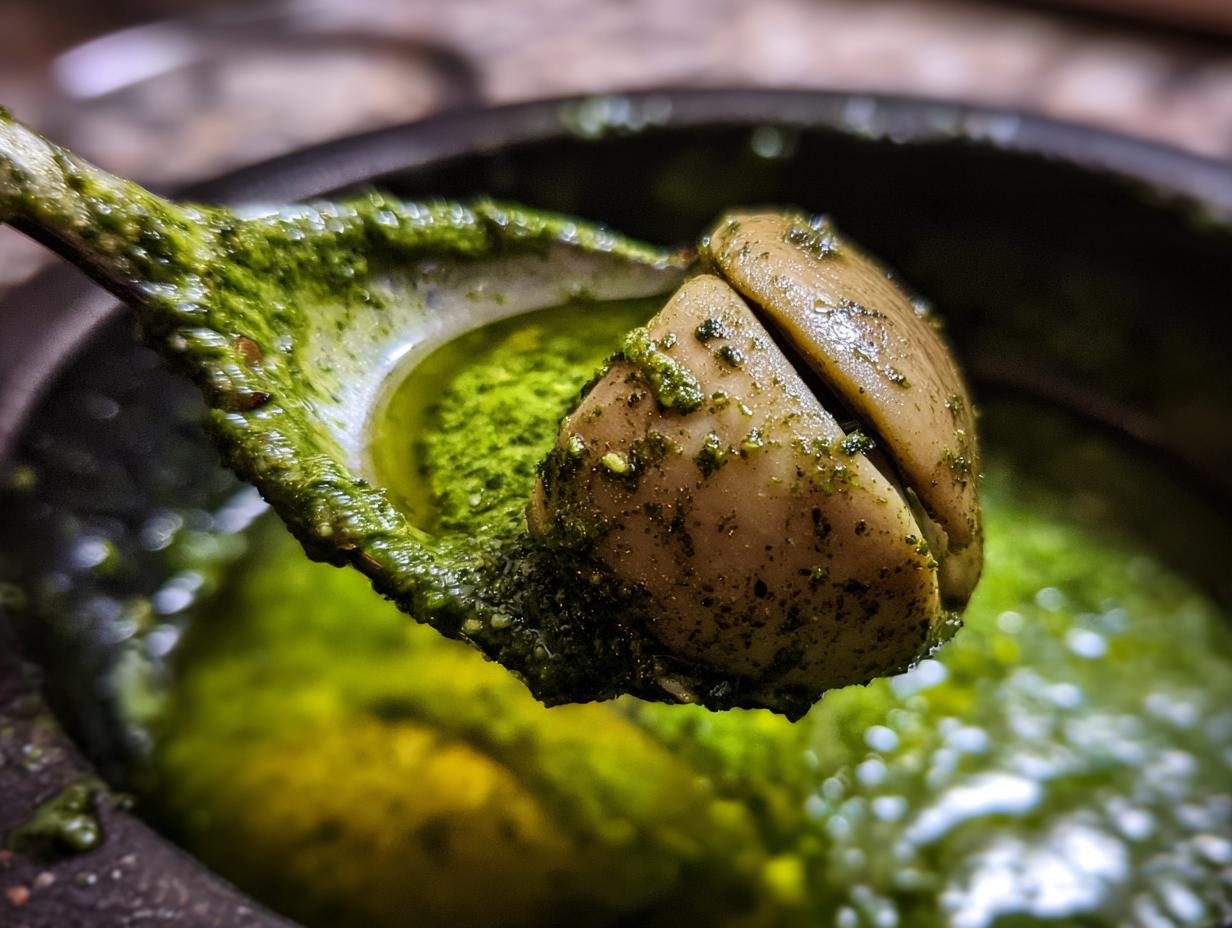 Close-up of a Spinach Pesto Butter Bean on a spoon, coated in vibrant green pesto.