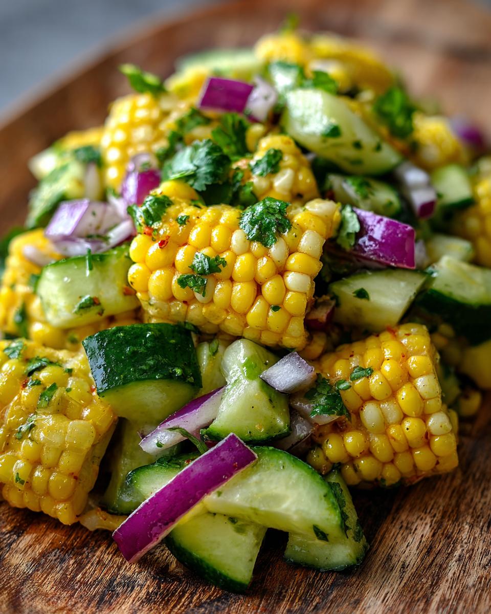 Close-up of vibrant Street Corn Cucumber Salad with corn, cucumber, red onion, and herbs.