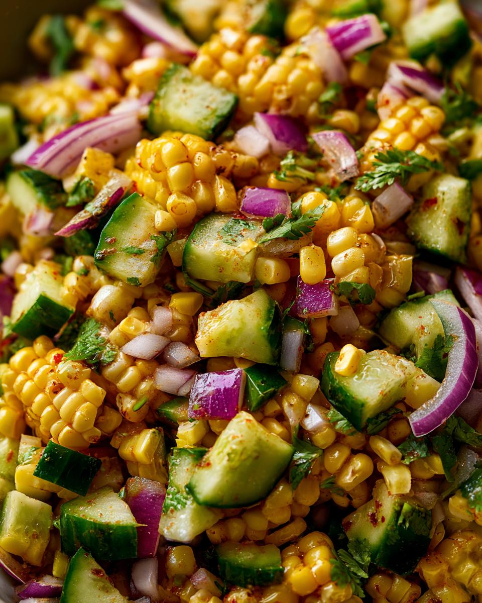 Close-up of vibrant Street Corn Cucumber Salad with corn, cucumbers, red onion, and herbs.