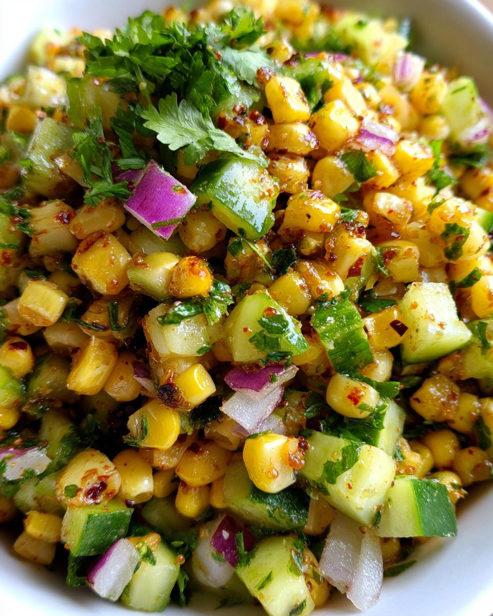 Close-up of vibrant Street Corn Cucumber Salad with corn, cucumber, red onion, and cilantro.