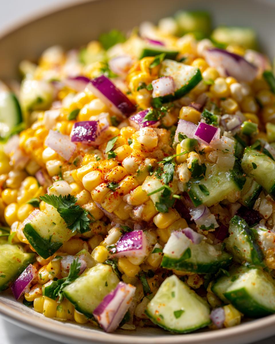 Close-up of a vibrant Street Corn Cucumber Salad with corn, cucumbers, red onion, and spices.