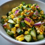 Bowl of vibrant Street Corn Cucumber Salad with grilled corn, cucumber, red onion, and cilantro.