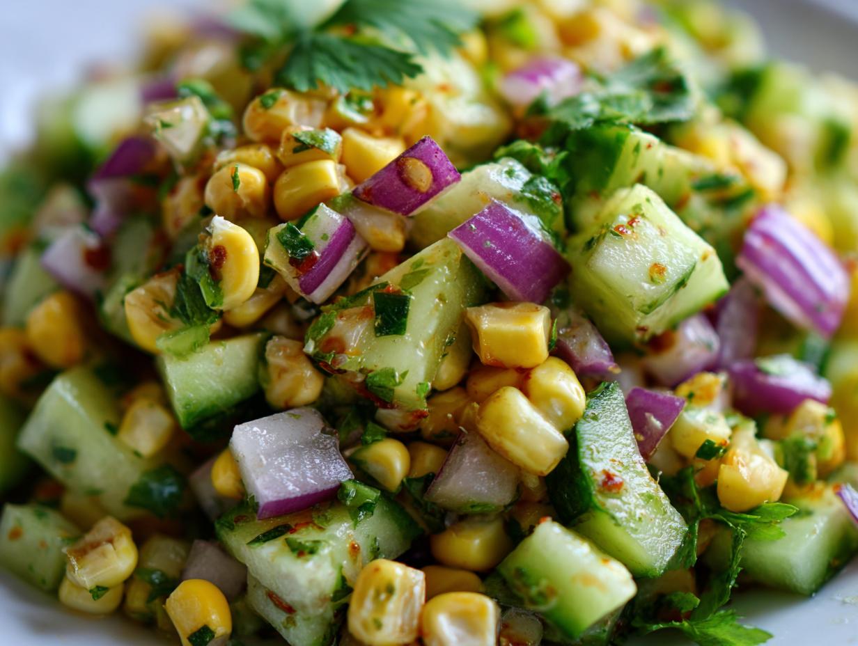 Close-up of vibrant Street Corn Cucumber Salad with corn, cucumber, red onion, and herbs.