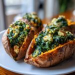 Close-up of Stuffed Sweet Potatoes with Spinach and cheese filling on a white plate.