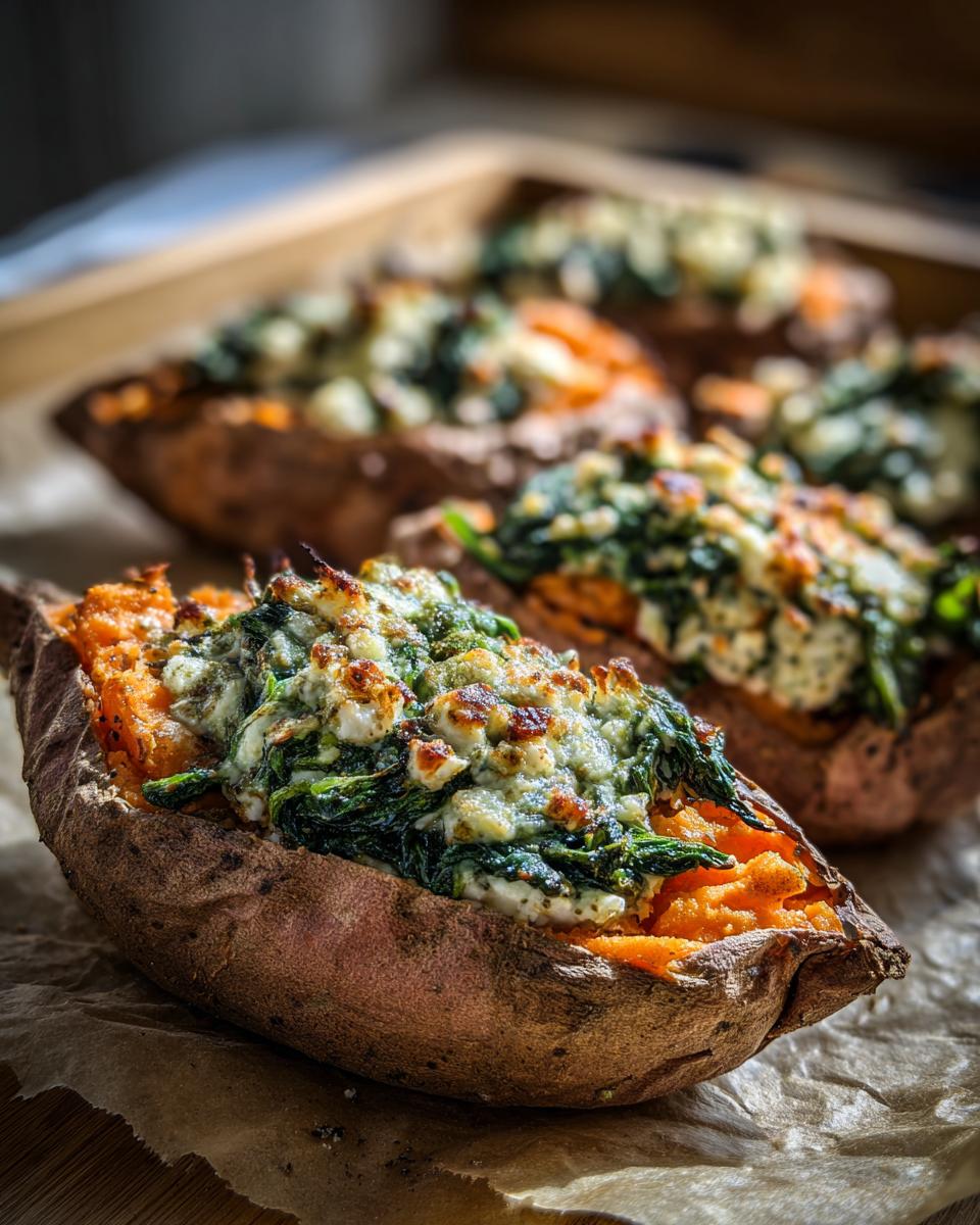 Close-up of Stuffed Sweet Potatoes with Spinach and cheese, baked until golden brown.