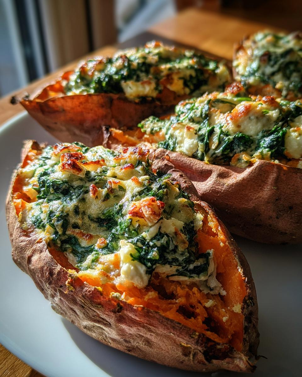 Close-up of several Stuffed Sweet Potatoes with Spinach and cheese on a white plate.