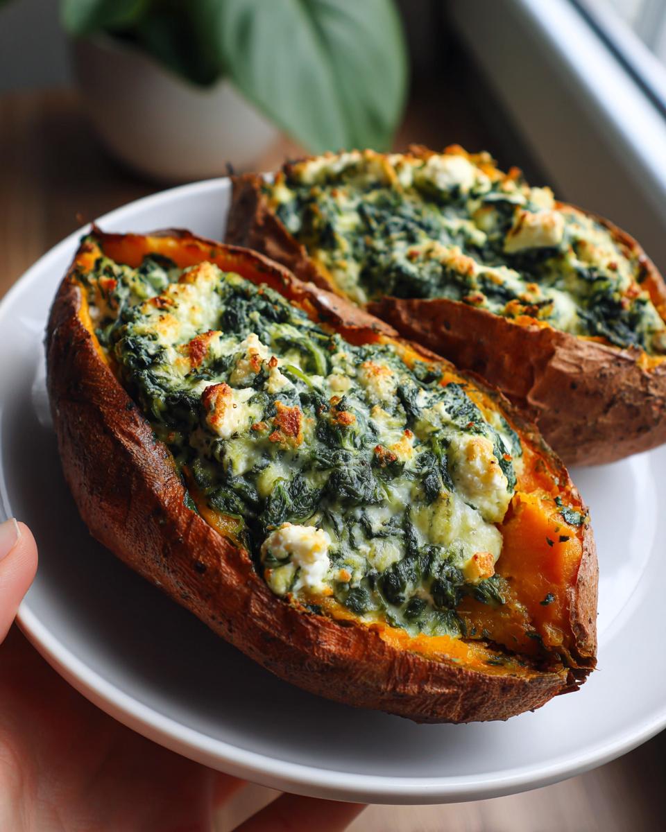 Two halves of Stuffed Sweet Potatoes with Spinach and cheese filling on a white plate, ready to eat.