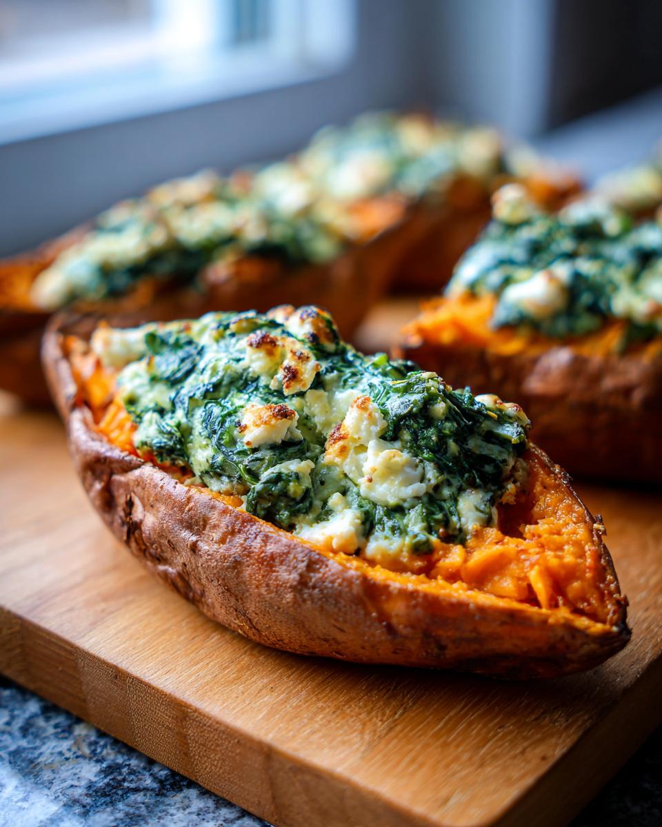 Close-up of Stuffed Sweet Potatoes with Spinach and feta cheese on a wooden board.