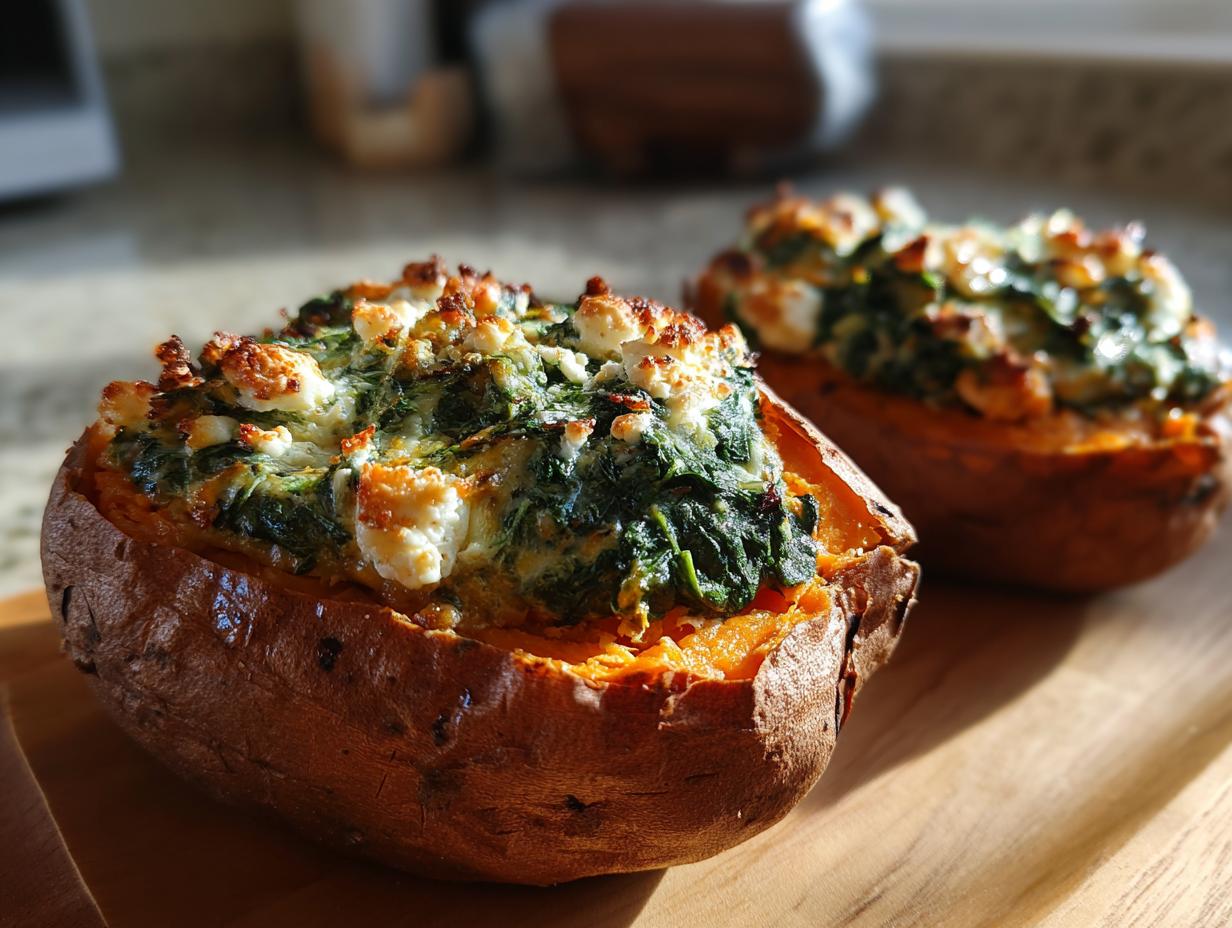 Two Stuffed Sweet Potatoes with Spinach and feta cheese on a wooden board.