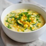 A bowl of creamy Summer Corn and Zucchini Chowder, garnished with fresh parsley and a sprinkle of paprika.