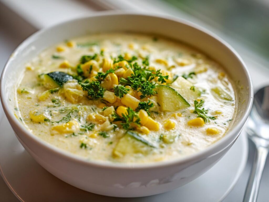 A bowl of Summer Corn and Zucchini Chowder, garnished with fresh parsley, ready to eat.