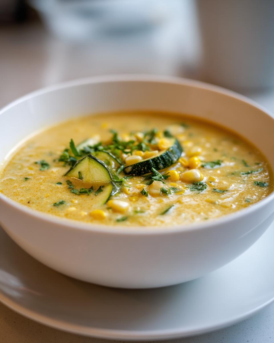 A bowl of creamy Summer Corn and Zucchini Chowder garnished with fresh herbs and zucchini slices.