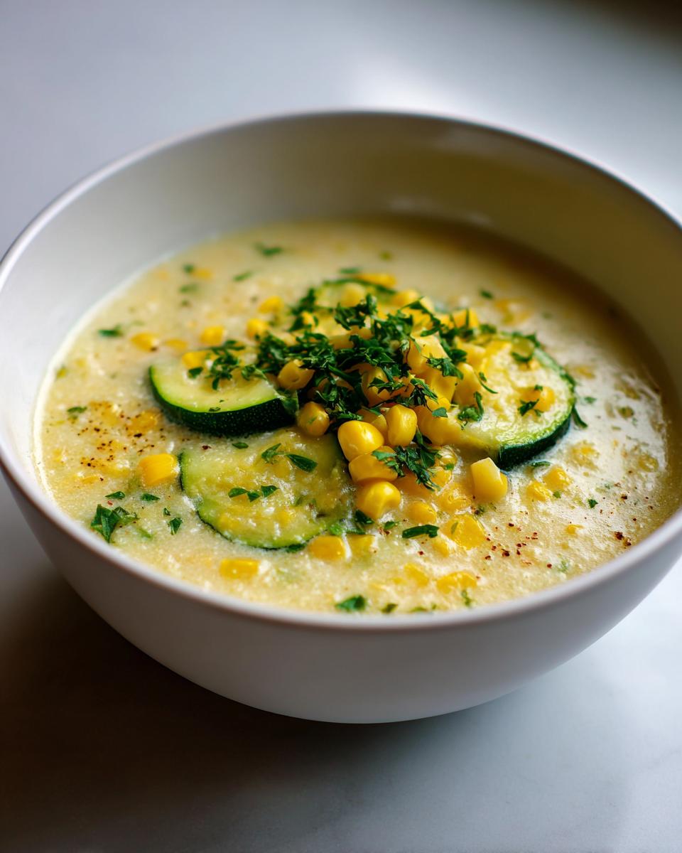 A bowl of creamy Summer Corn and Zucchini Chowder, garnished with zucchini slices, corn kernels, and fresh herbs.