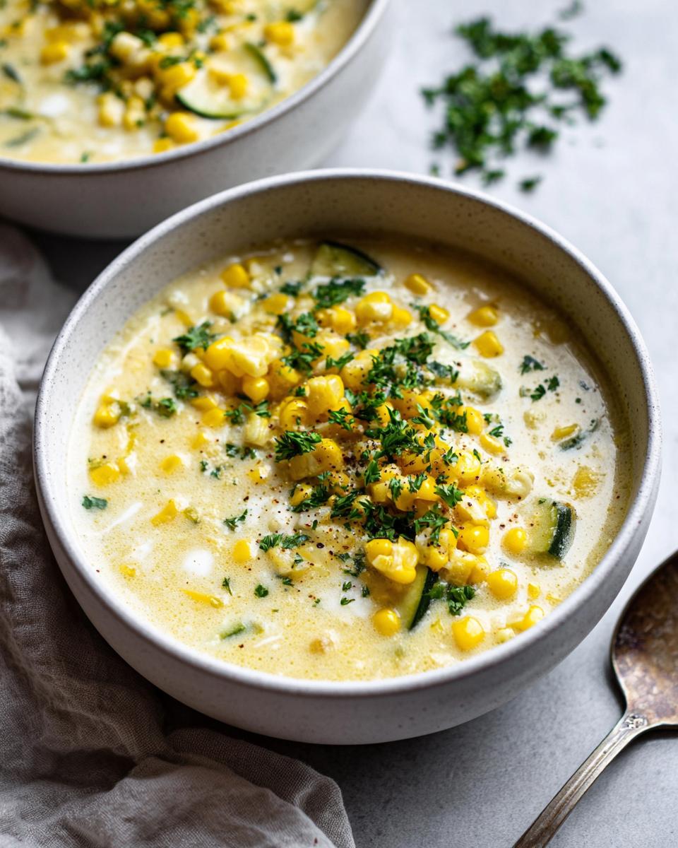 Close-up of a bowl of creamy Summer Corn and Zucchini Chowder, garnished with fresh parsley.