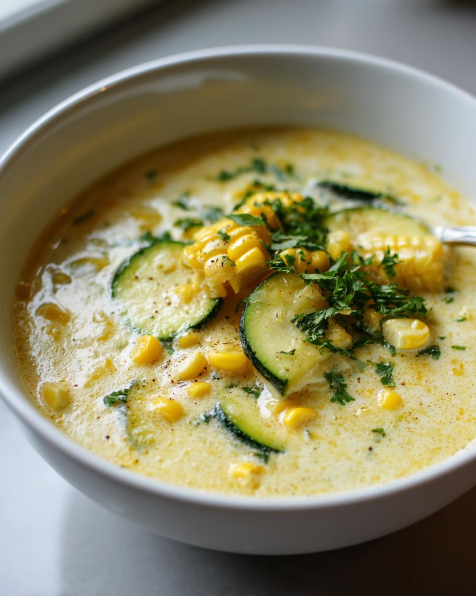 A bowl of creamy Summer Corn and Zucchini Chowder, garnished with fresh herbs and visible corn kernels and zucchini slices.