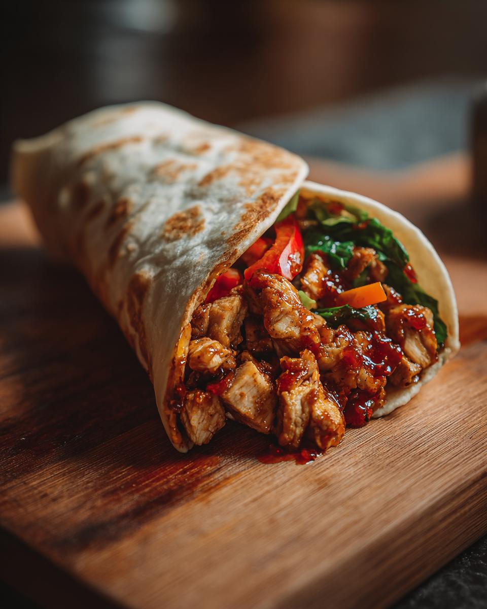 A tasty Sweet Chili Chicken Wrap filled with chicken, greens, and red peppers on a wooden board.
