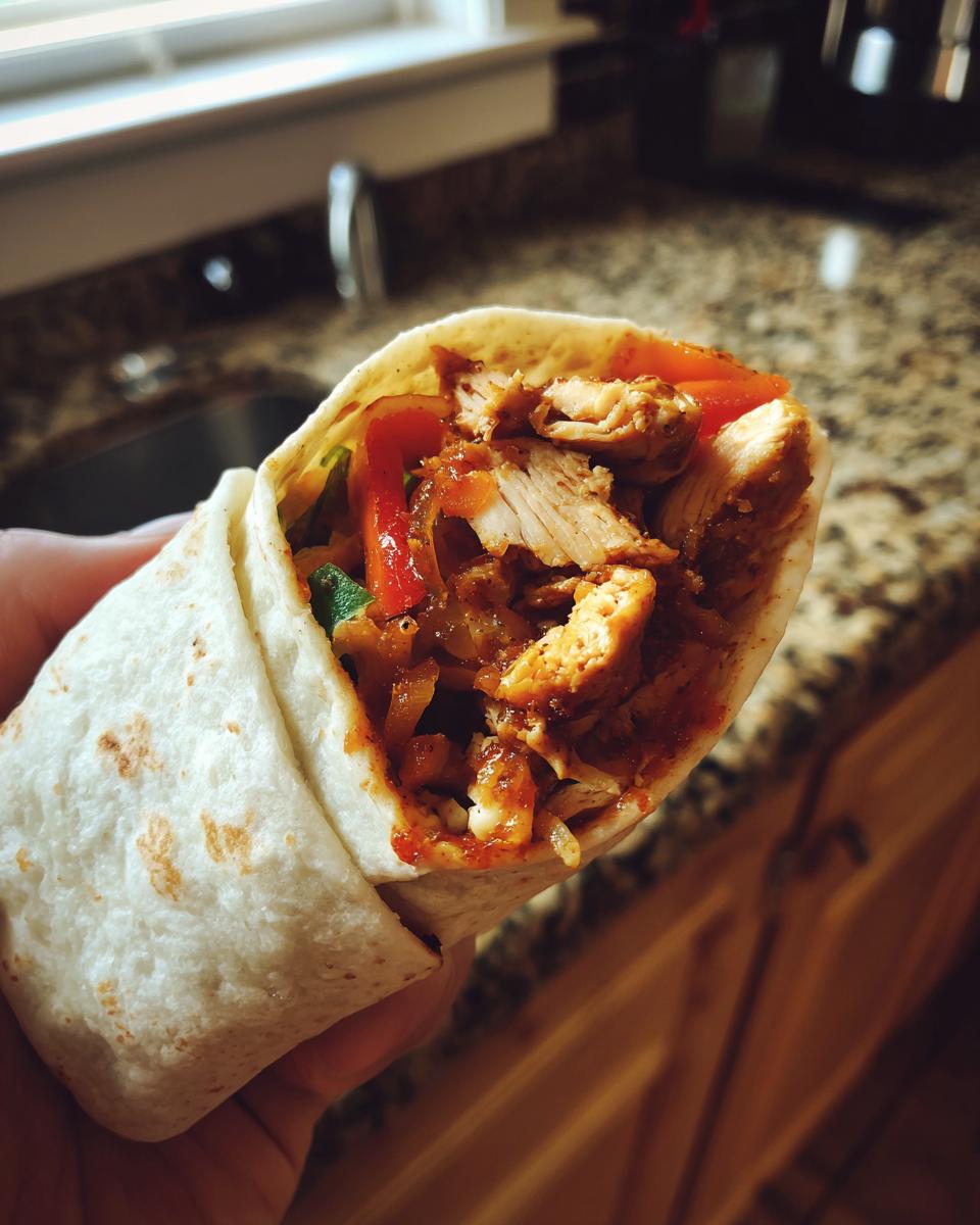 A close-up of a Sweet Chili Chicken Wrap held in hand, showcasing the chicken, peppers, and sauce filling.