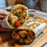Two Sweet Chili Chicken Wraps, one cut in half to show the filling, on a wooden board.