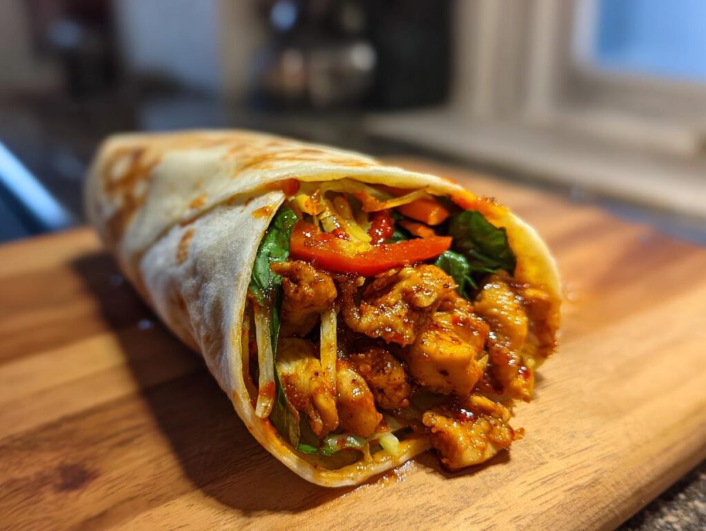 A close-up of a Sweet Chili Chicken Wrap filled with chicken, vegetables, and sweet chili sauce.