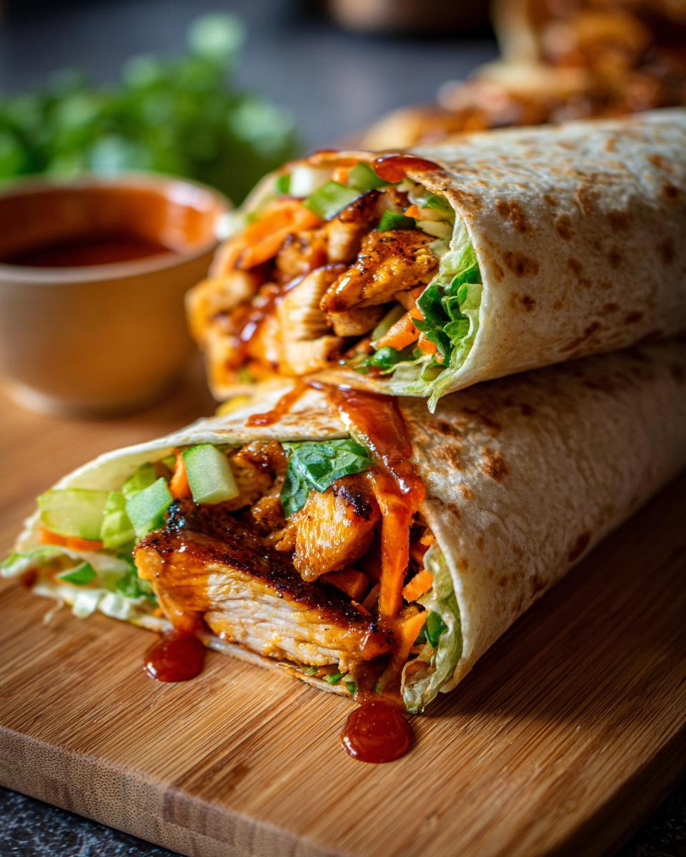 Two Sweet Chili Chicken Wraps stacked on a wooden board, drizzled with sauce and filled with chicken and vegetables.