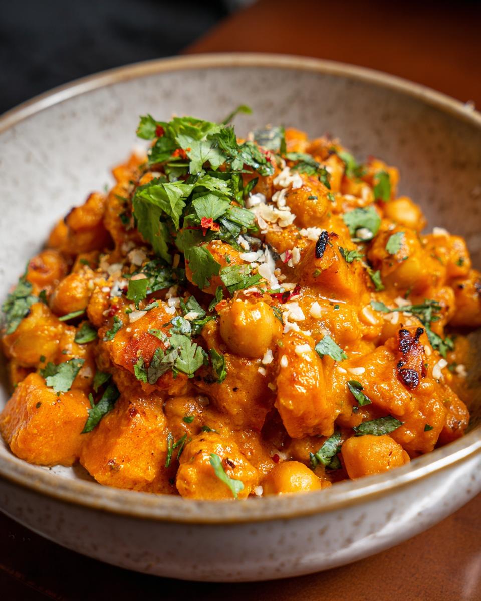 A bowl of Sweet Potato and Chickpea Curry, garnished with cilantro and spices.