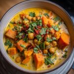A bowl of Sweet Potato and Chickpea Curry, garnished with fresh cilantro and spices.