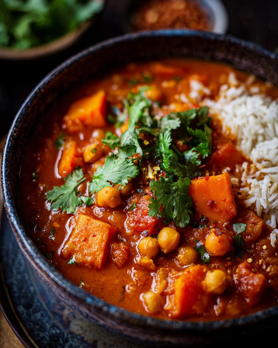 A bowl of Sweet Potato and Chickpea Curry, garnished with cilantro and served with rice.