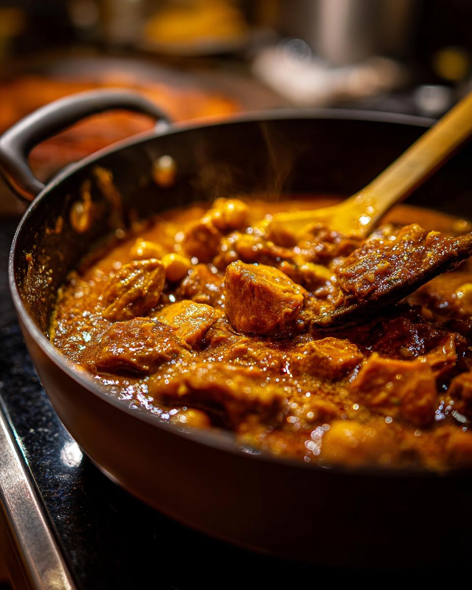 Close-up of Sweet Potato and Chickpea Curry in a pan with a wooden spoon, showing the rich texture and steam.