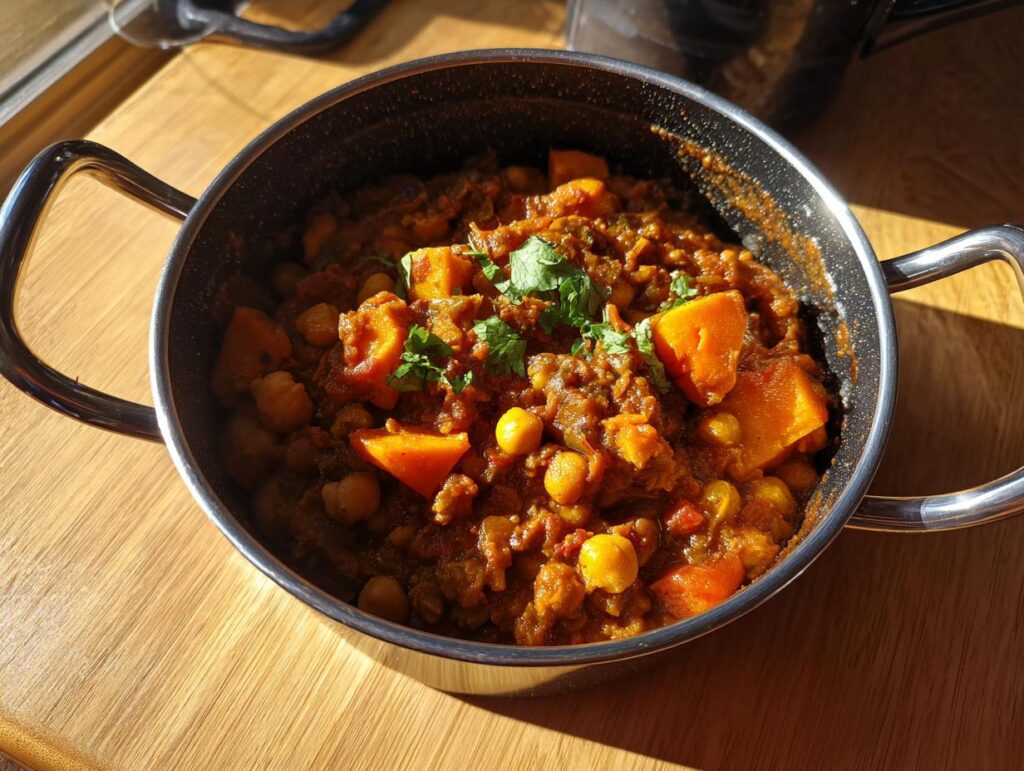 A delicious Sweet Potato and Chickpea Curry in a pot, garnished with fresh cilantro.