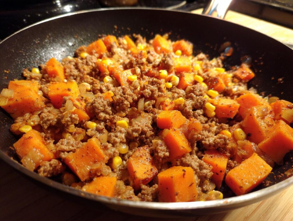 Close-up of Sweet Potato and Ground Turkey dish with corn in a skillet, ready to serve.