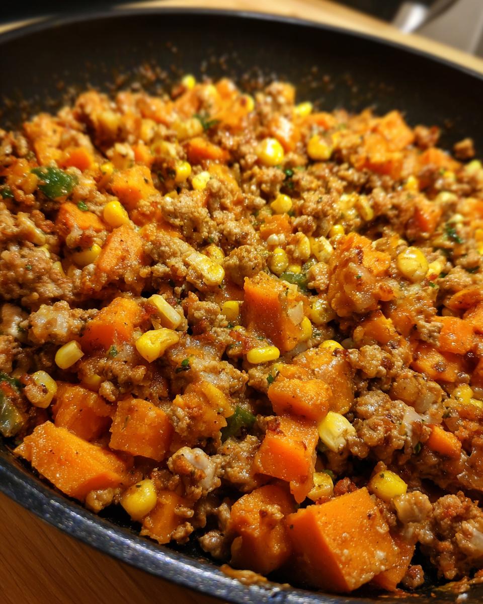Close-up of Sweet Potato and Ground Turkey skillet with corn and herbs.
