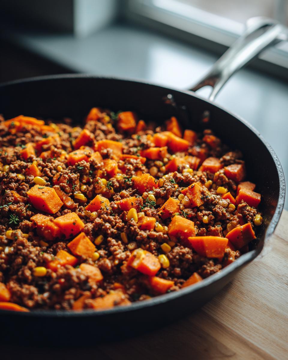 Close-up of Sweet Potato and Ground Turkey skillet dish with corn and herbs.