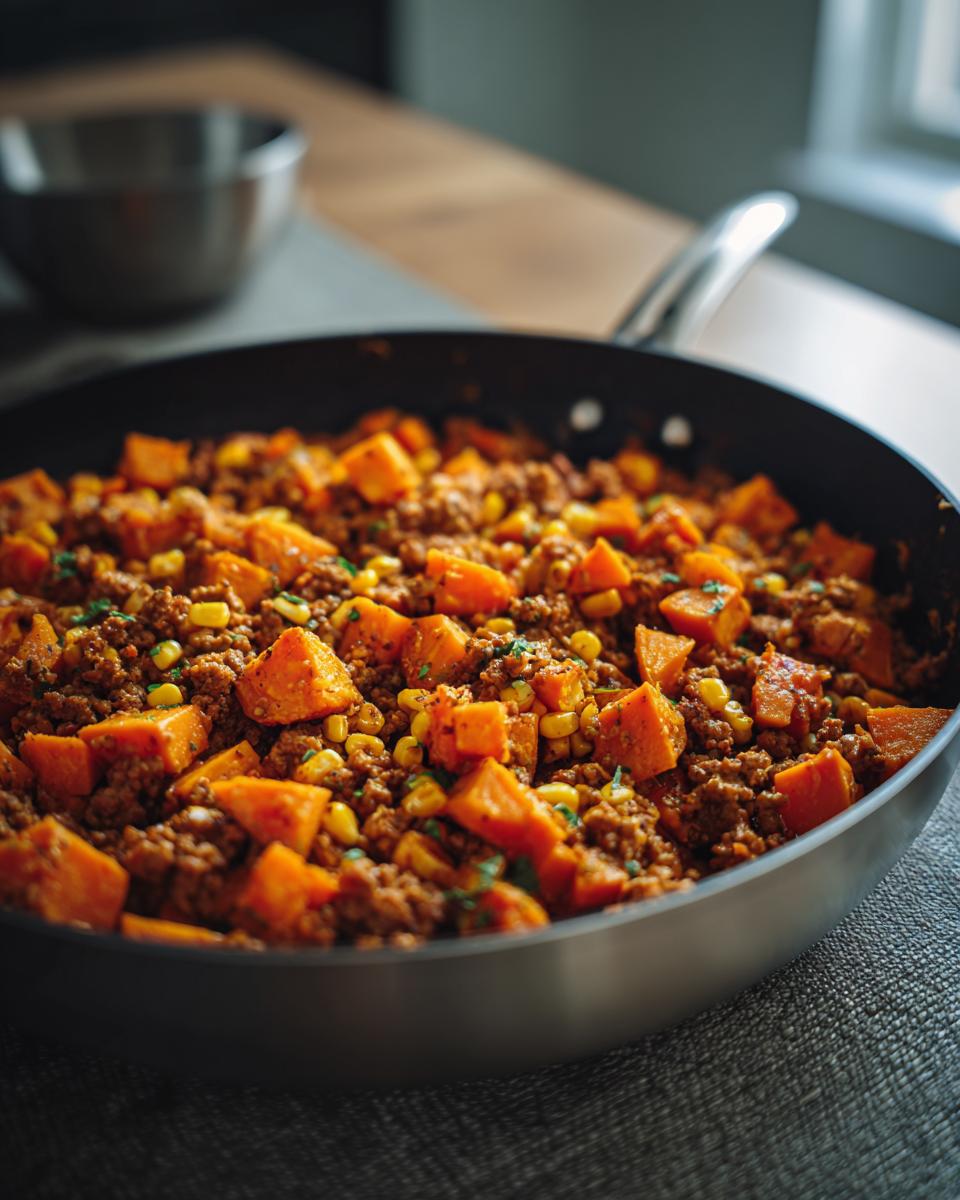 Close-up of Sweet Potato and Ground Turkey skillet with corn, ready to serve.