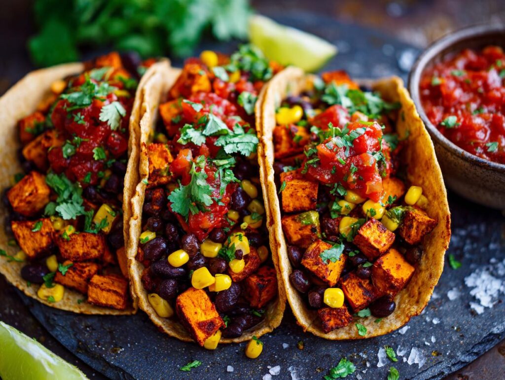 Three Sweet Potato Taco Bowls filled with sweet potato, black beans, corn, salsa, and cilantro.
