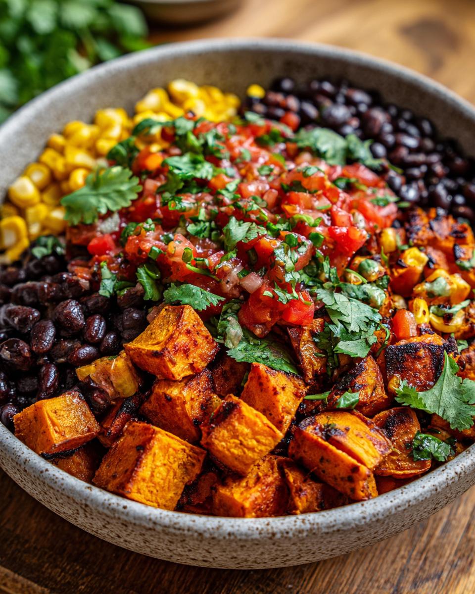 Close-up of a Sweet Potato Taco Bowl with corn, black beans, salsa, and cilantro.