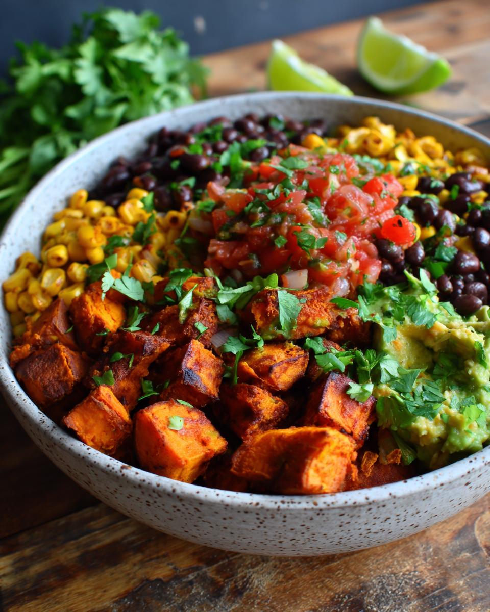 A vibrant Sweet Potato Taco Bowl filled with roasted sweet potatoes, black beans, corn, salsa, and guacamole.