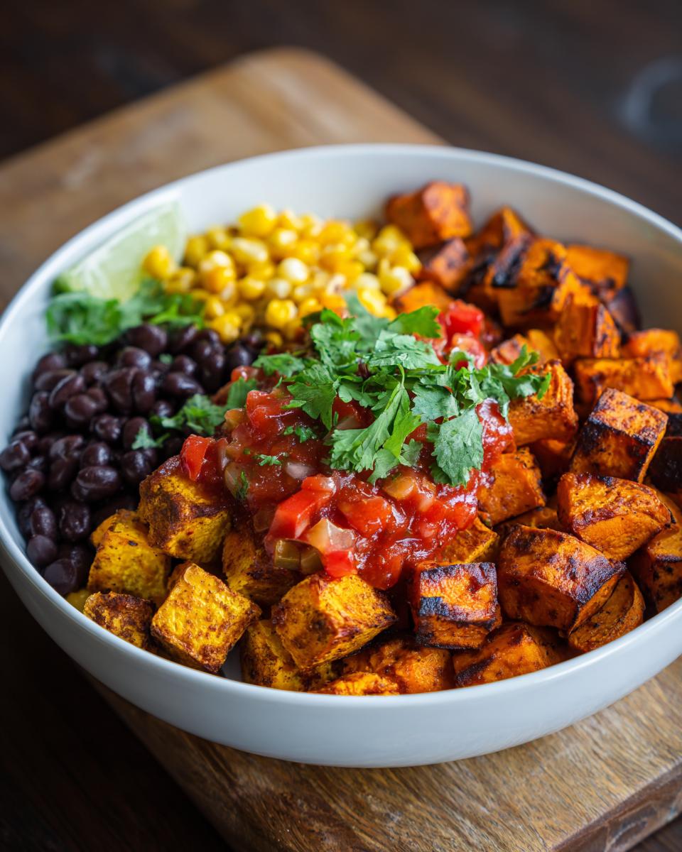 A vibrant Sweet Potato Taco Bowl filled with roasted sweet potatoes, corn, black beans, salsa, and cilantro.