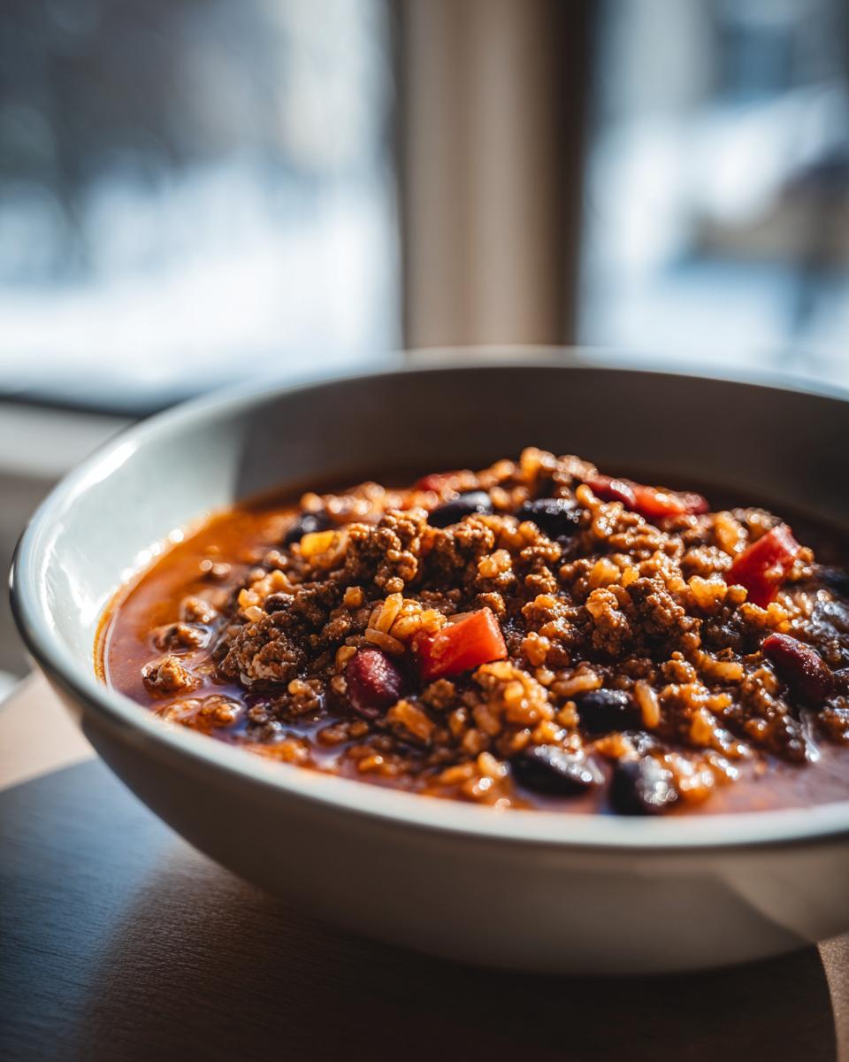 Close-up of a bowl of Taco Rice Soup, featuring ground beef, rice, beans, and tomatoes.