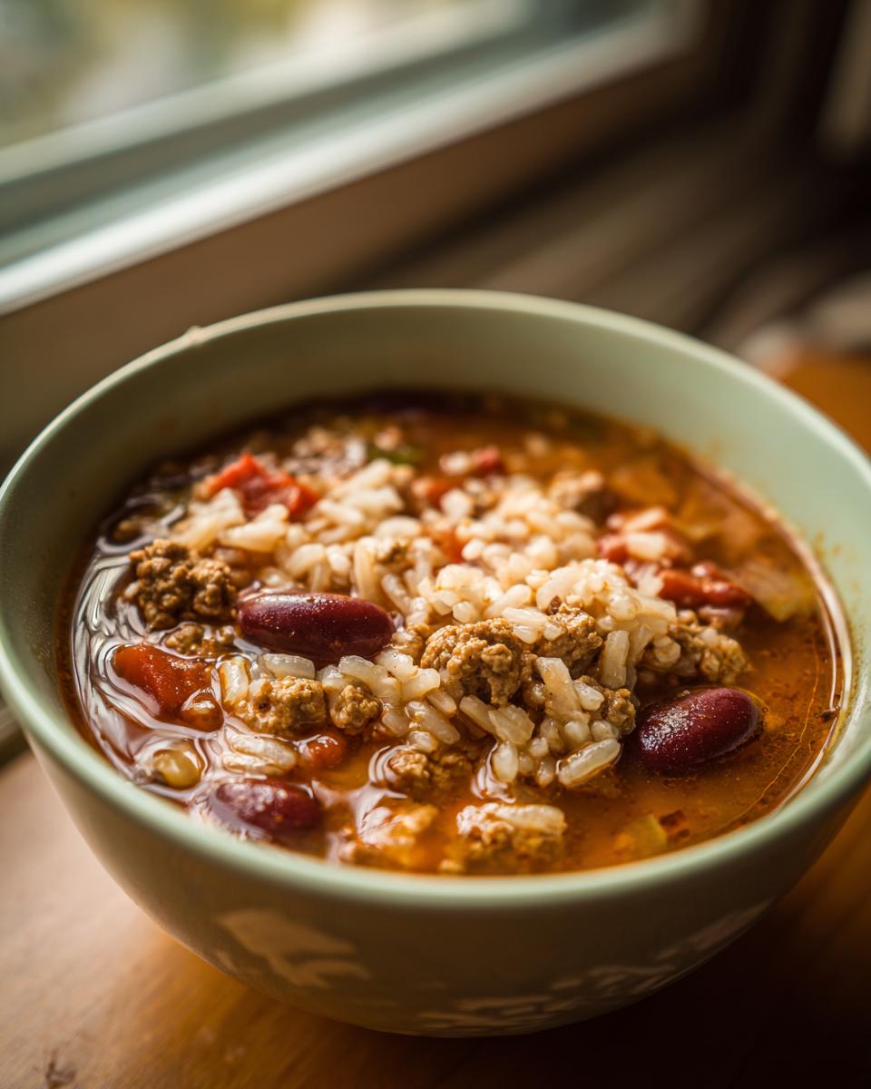 Close-up of a bowl of Taco Rice Soup, featuring ground beef, rice, beans, and a flavorful broth.