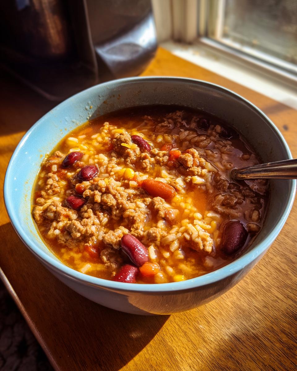 A bowl of Taco Rice Soup with ground beef, rice, beans, and corn.