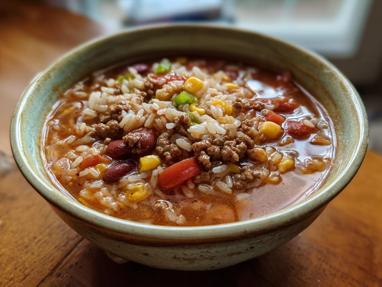 A bowl of Taco Rice Soup, featuring ground beef, rice, beans, corn, and tomatoes in a flavorful broth.