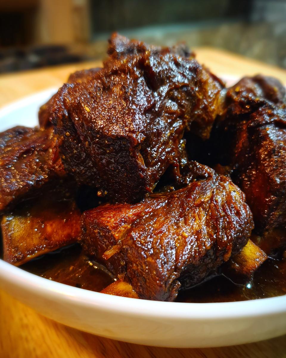 Close-up of tender braised short ribs in a white bowl, showcasing the rich sauce and meat texture.