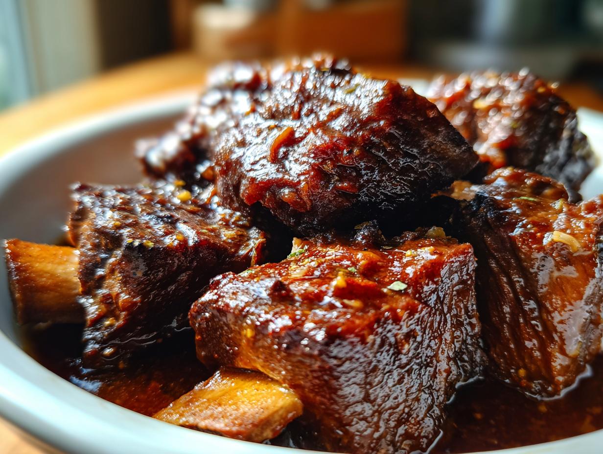 Close-up of tender braised short ribs in a bowl, showcasing the rich sauce and succulent meat.