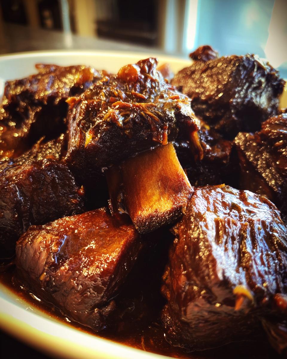 Close-up of tender braised short ribs glistening with sauce, served on a white plate.