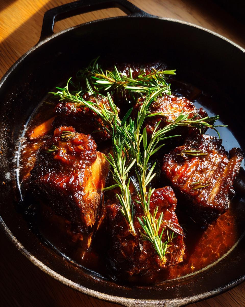 Close-up of tender braised short ribs in a cast iron pan, garnished with fresh rosemary sprigs.