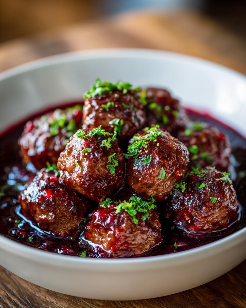 Close-up of tender red wine meatballs in a bowl, garnished with parsley.