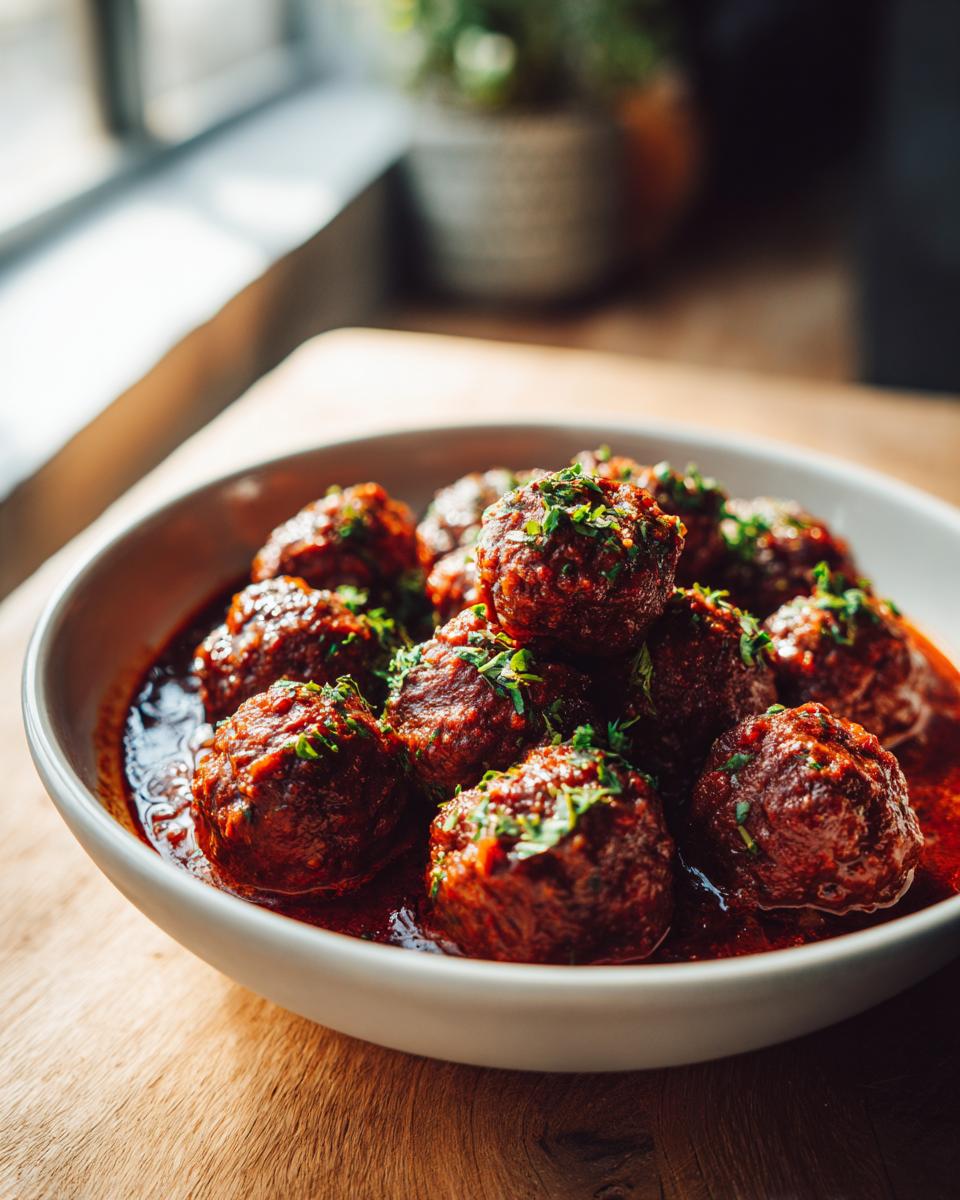 Bowl of Tender Red Wine Meatballs, garnished with parsley, in a rich red wine sauce.