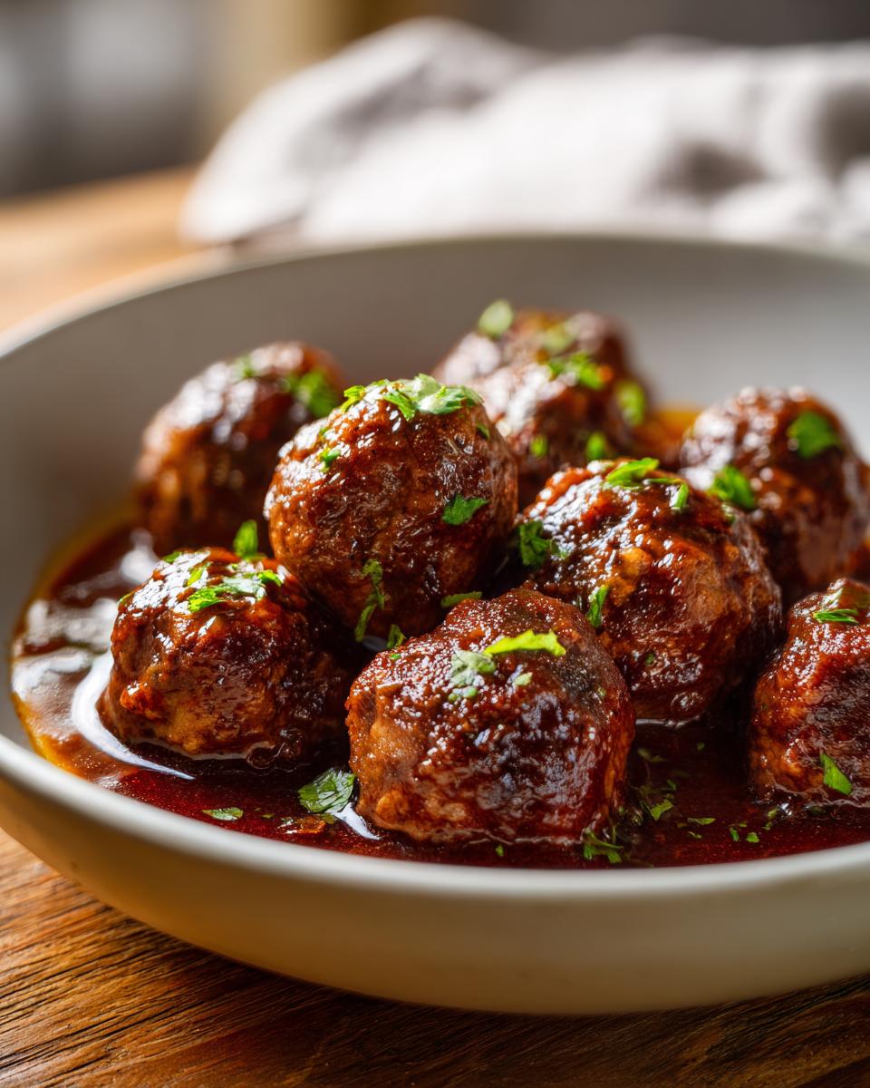 Close-up of tender red wine meatballs in a bowl, garnished with parsley.