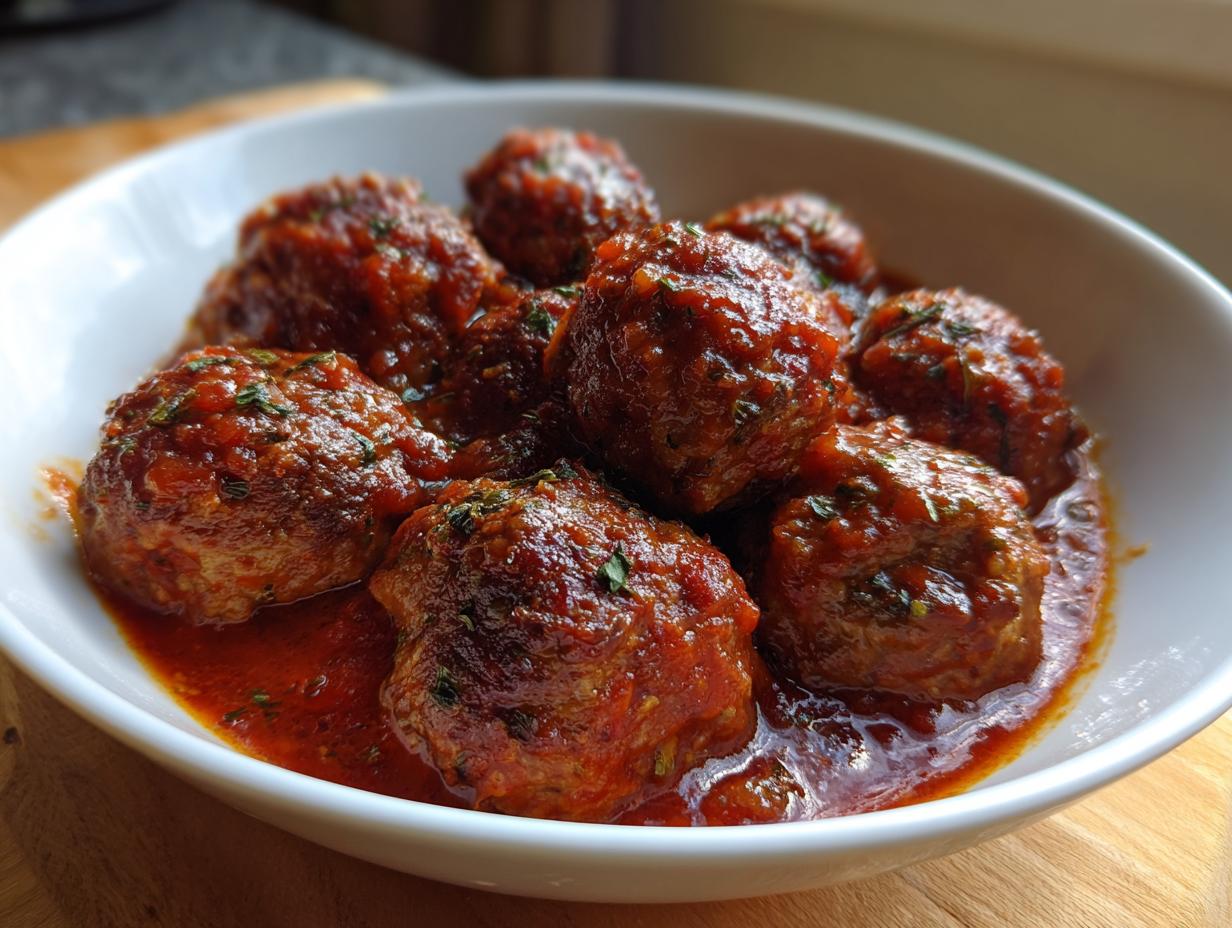 A bowl of Tender Red Wine Meatballs in a rich tomato sauce, garnished with herbs.
