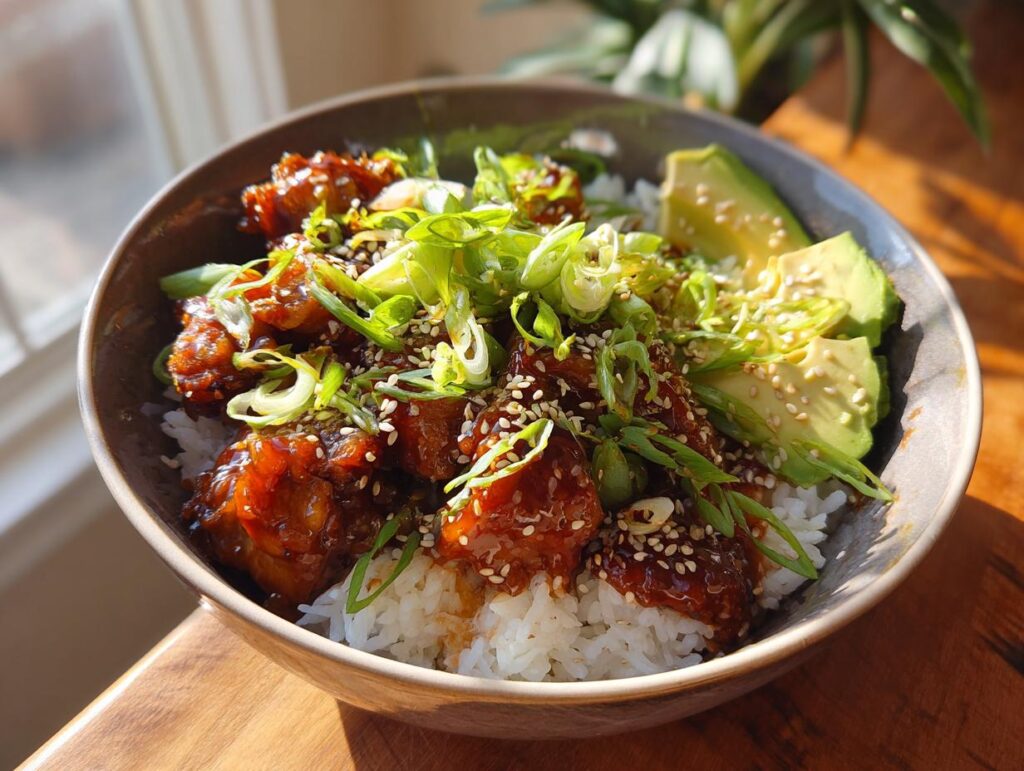 A delicious bowl of Teriyaki Chicken Avocado Rice, garnished with sesame seeds and green onions.